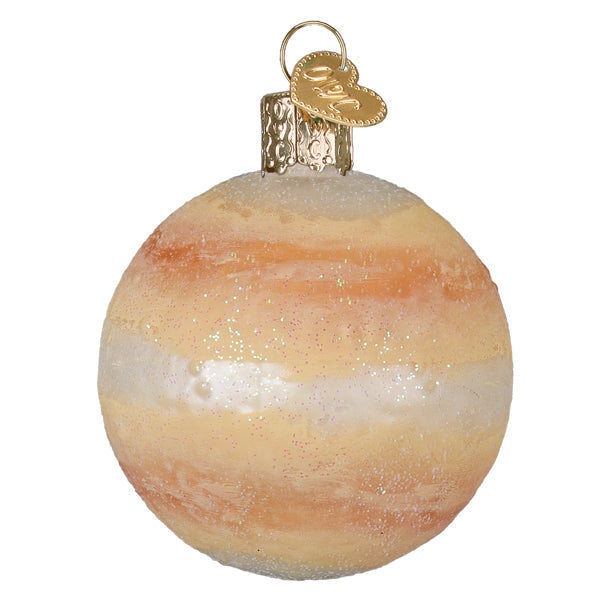 Venus ornament glass decoration with swirling peach cream white glitter bands like jupiter for celestial ornaments