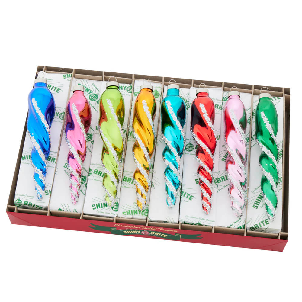 Vibrant Christmas Confetti Glittered Glass Icicle Ornaments Set/8 - Ornaments