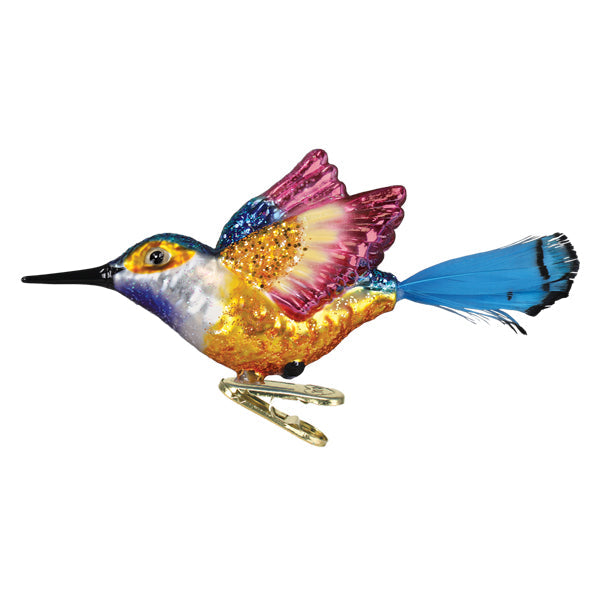 Vibrant hummingbird ornament with glittery gold pink wings blue tail metallic accents perfect for figural decor or tree toppers