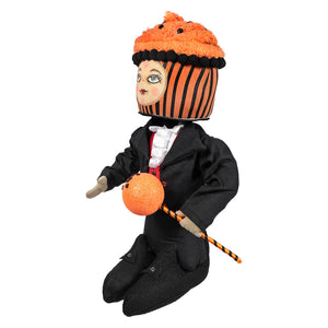 Vinny vampire standing doll with cupcake head in orange black stripes wearing black suit and holding orange glitter orb
