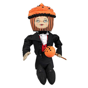 Vinny vampire standing doll with a cupcake-shaped head in orange frosting black stripes and dressed in a black suit with red vest