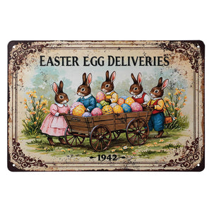 Vintage 1942 easter bunnies metal sign with colorful rabbits and wooden cart for easter egg deliveries designs