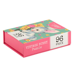 Vintage 96-piece pink and teal bunny puzzle box perfect as a retro easter puzzle or holiday jigsaw puzzle gift