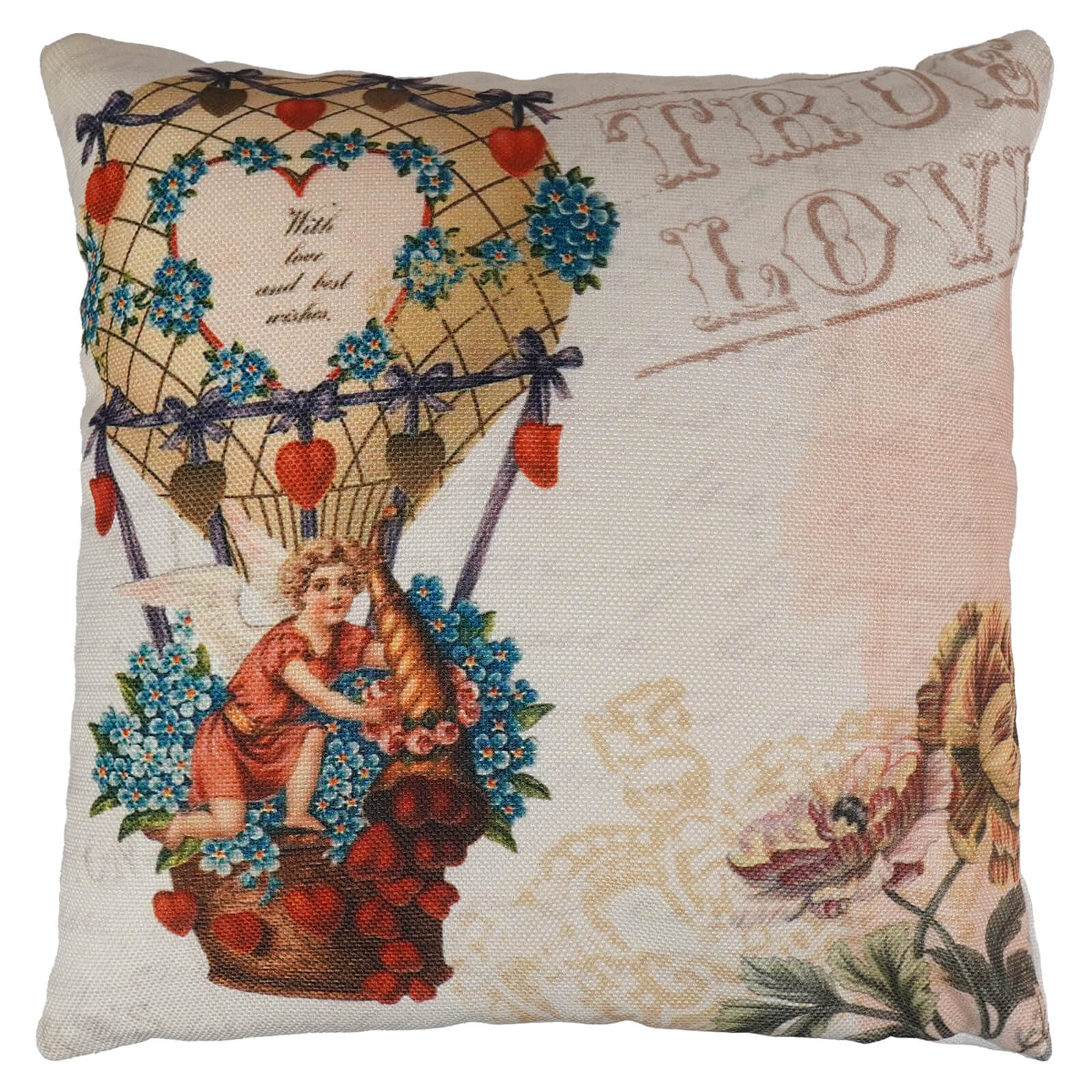 Vintage angel in balloon pillow with hot air balloon design blue flowers red hearts on off-white fabric for valentines day pillows uniik pillows