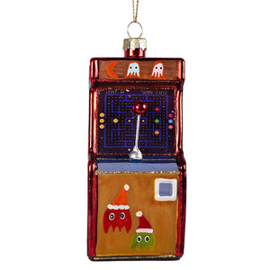 Vintage arcade machine glas ornament red glass pac-man with painted ghosts and silver joystick by cody foster