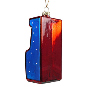 Vibrant red and blue vintage arcade machine glas ornament with white dot details perfect as a vintage toy ornament
