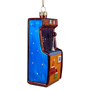 Vintage arcade machine glass ornament with blue orange panels and pac-man details perfect vintage toy ornament