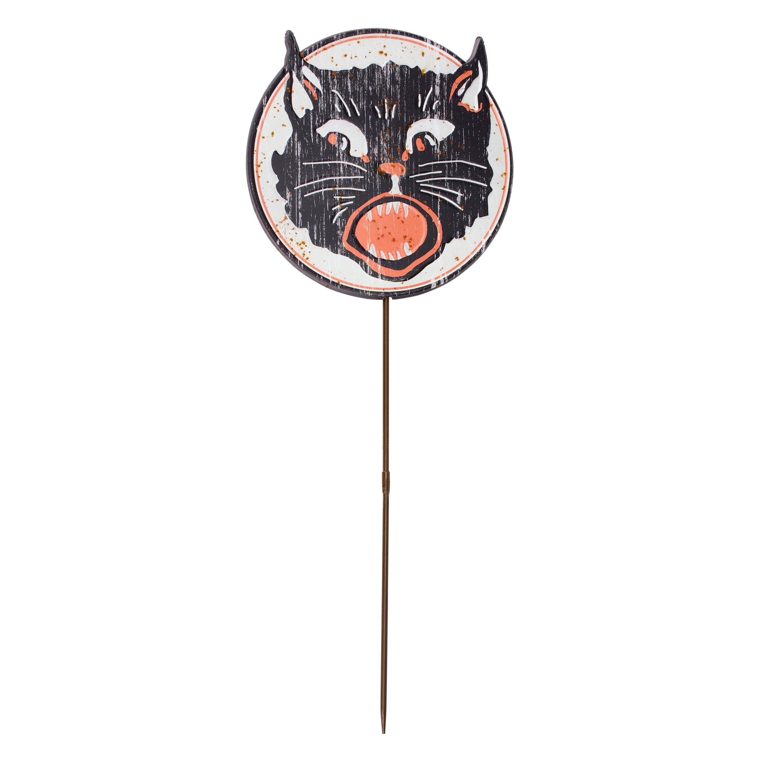 Vintage black cat garden pick with distressed black and white face and orange eyes perfect as a daisy garden pick