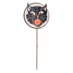 Vintage black cat garden pick with distressed black and white face and orange eyes perfect as a daisy garden pick