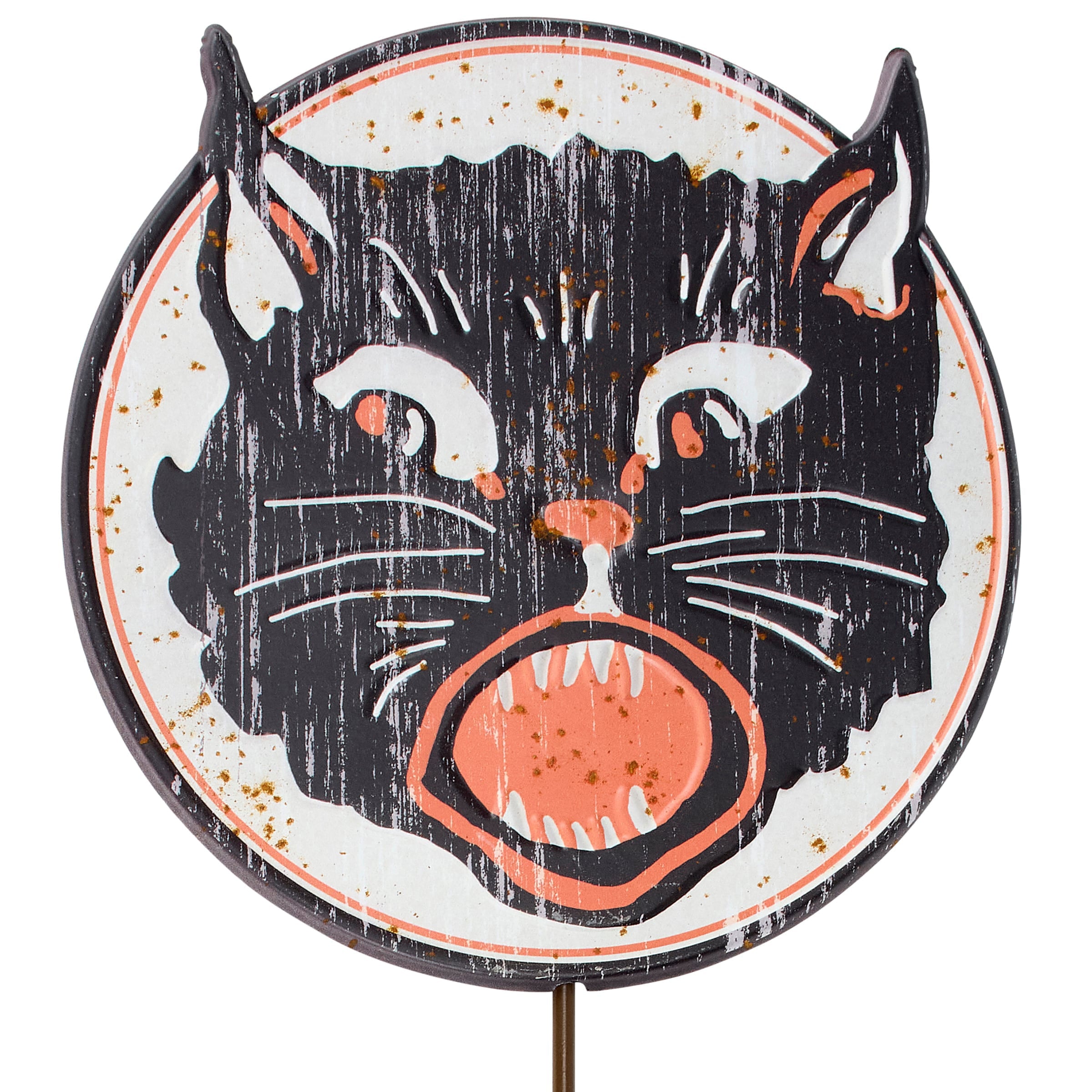 Vintage black cat garden pick metal sign with orange accents perfect for daisy garden pick or yellow center decor piece