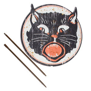 Vintage black cat garden pick with distressed black and white face plate and orange accents for garden pick decor