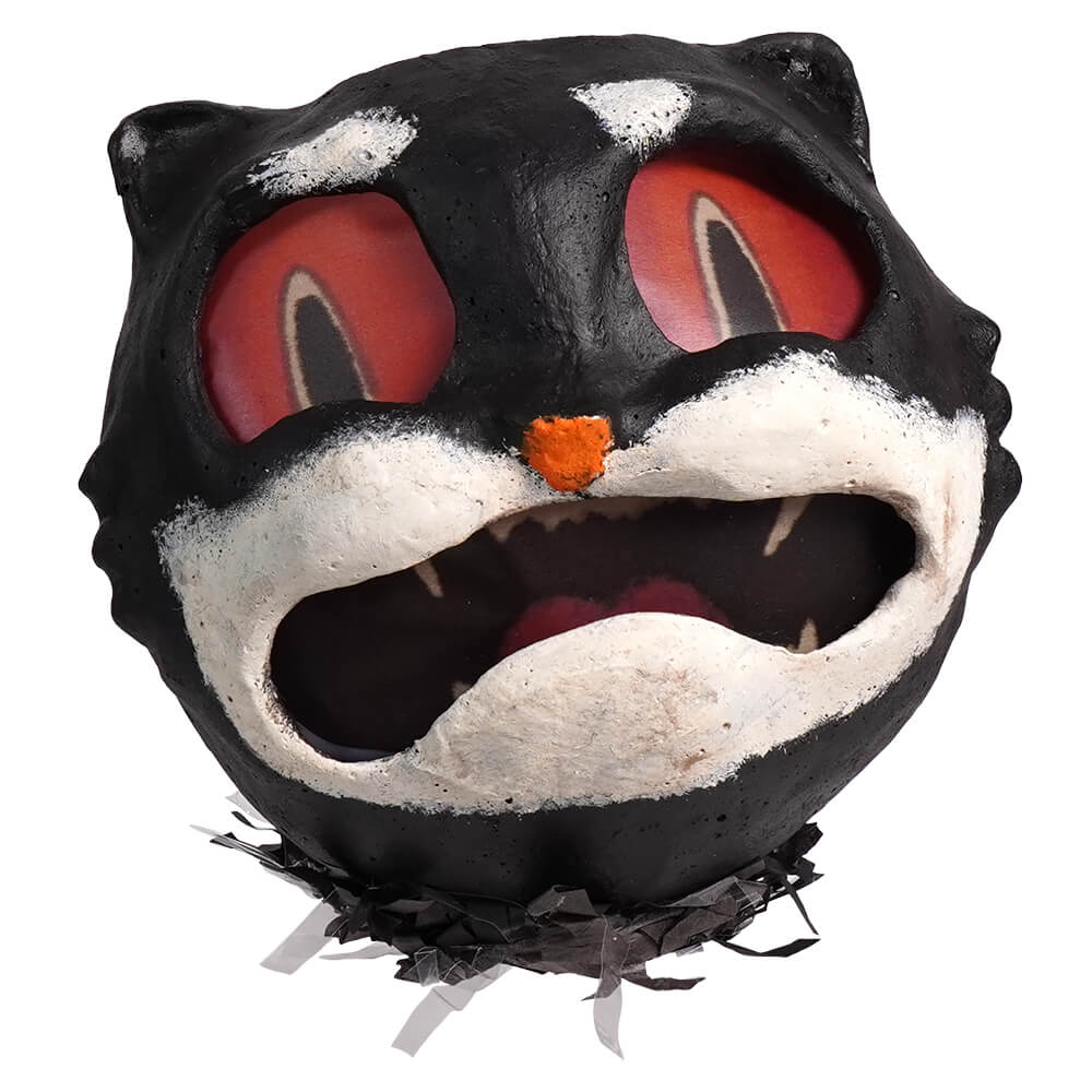 Cartoonish black cat head with wide red eyes and an open mouth showing teeth.