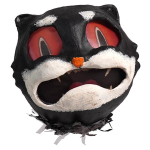 Cartoonish black cat head with wide red eyes and an open mouth showing teeth.