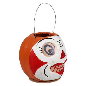 Orange vintage clown bucket shaped like a pumpkin with a white painted clown face for bethany lowe halloween buckets