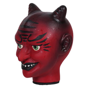 Vintage devil cachette mask with red devil theme black markings green eyes and pointed ears perfect for costume use