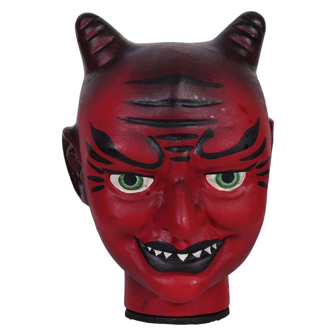 Red devil mask with black markings green eyes and pointed ears from vintage devil cachette collection