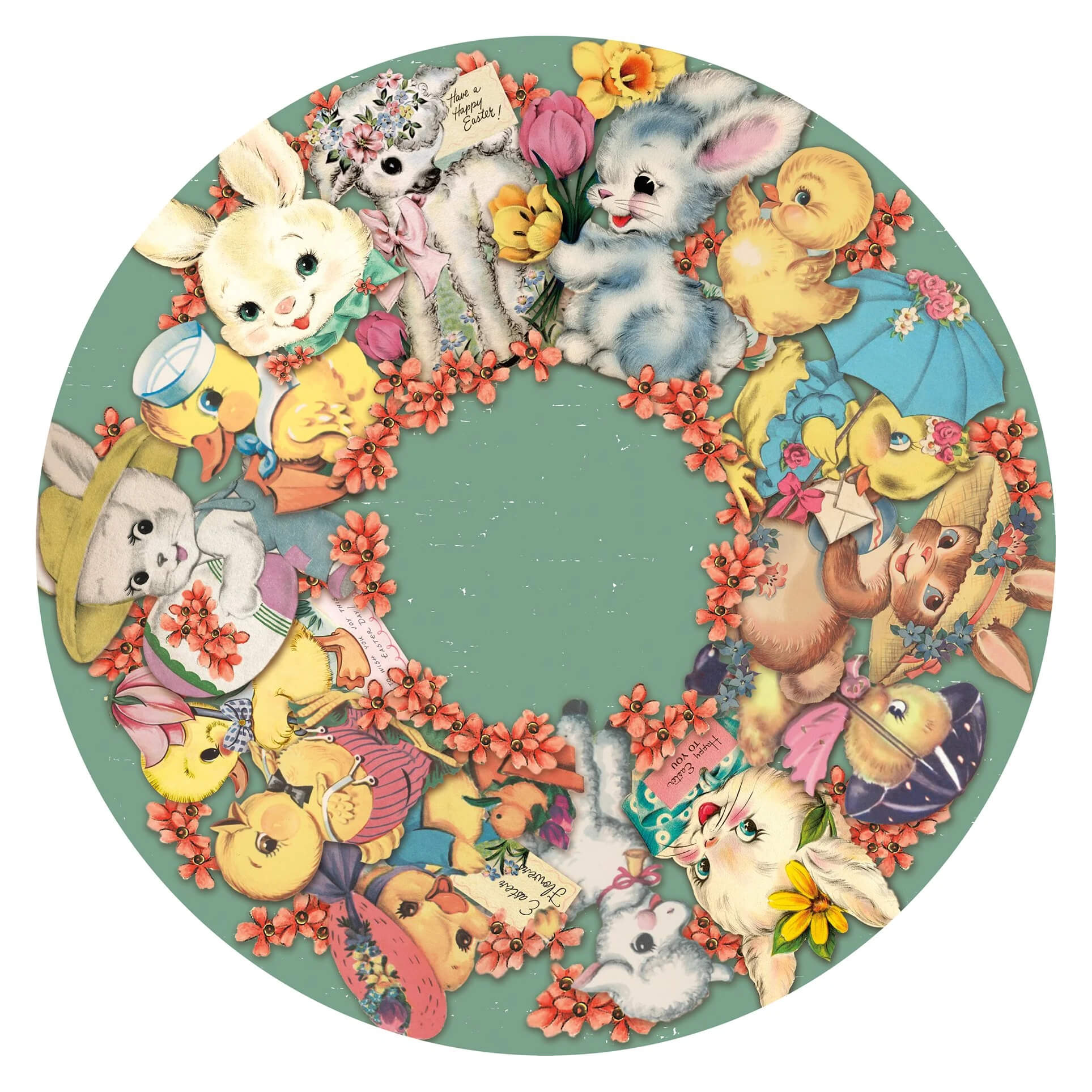 Vintage easter paper placemat with a circular wreath of pastel bunnies chicks and flowers perfect for easter decor