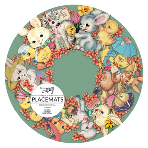 Vintage easter paper placemat with a teal round design featuring bunnies chicks and flowers for easter decor