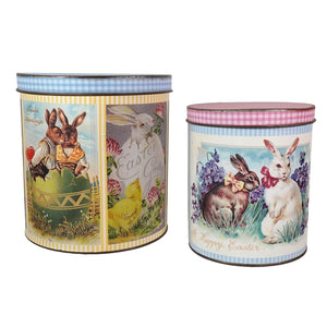 Two vintage easter bunny figural decor metal cookie tins with blue gingham eggshell and pink checkered floral lids for spring tabletop decor