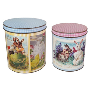 Vintage easter postcard tins set of 2 metal easter tins with blue gingham bunny and pink floral bunny lids for spring decor