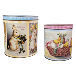 Two vintage easter tins set with metal storage cans featuring pastel gingham lids and vintage easter bunny figural decor