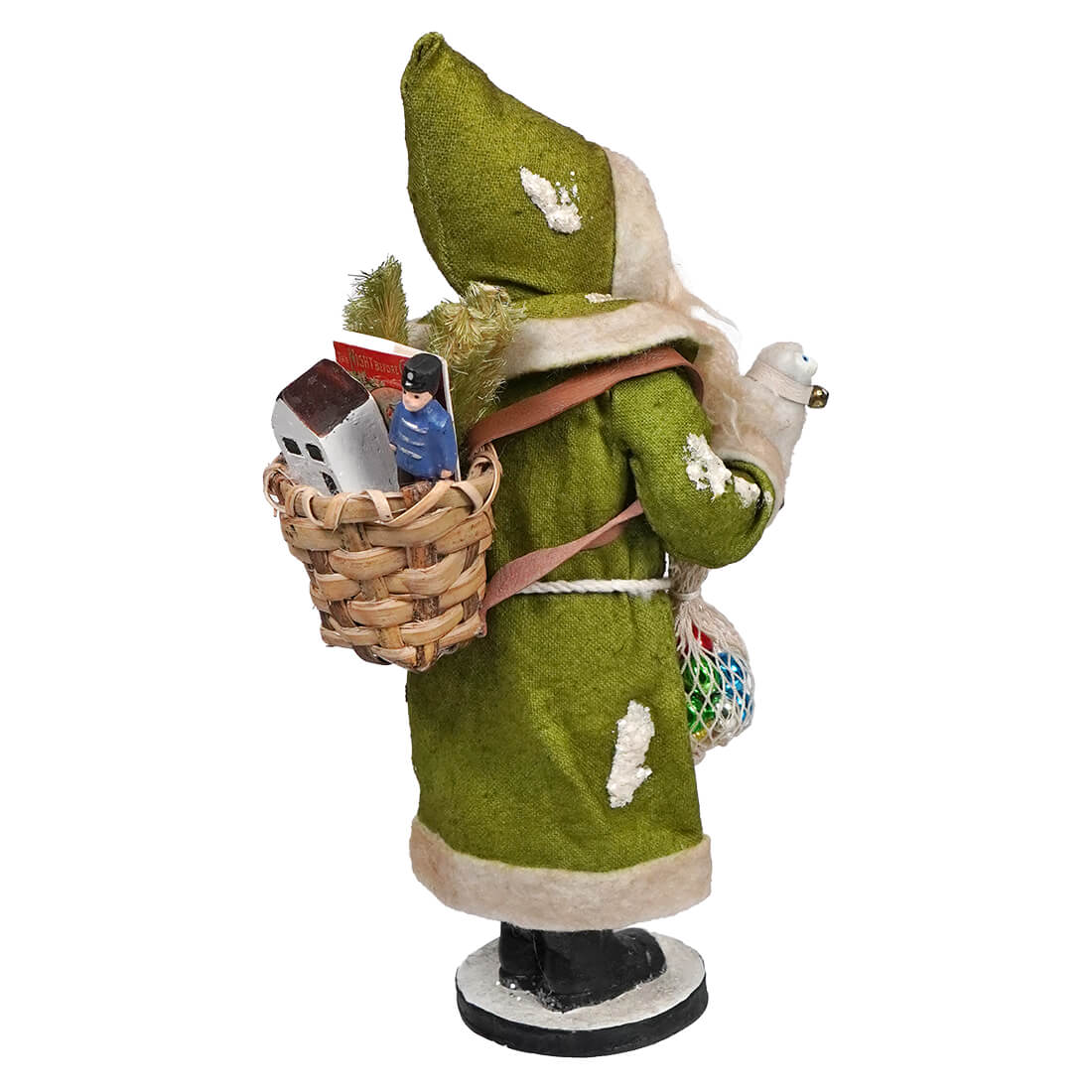 Green-coated Santa Claus figurine holding baskets and wearing a white-trimmed coat.