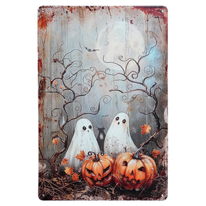 Rustic vintage halloween ghosts and jack-o’-lanterns metal sign with white ghosts pumpkins and spooky tree branches