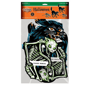 Vintage halloween jointed black and green cat cutouts in package for spooky decor halloween jointed skeleton set