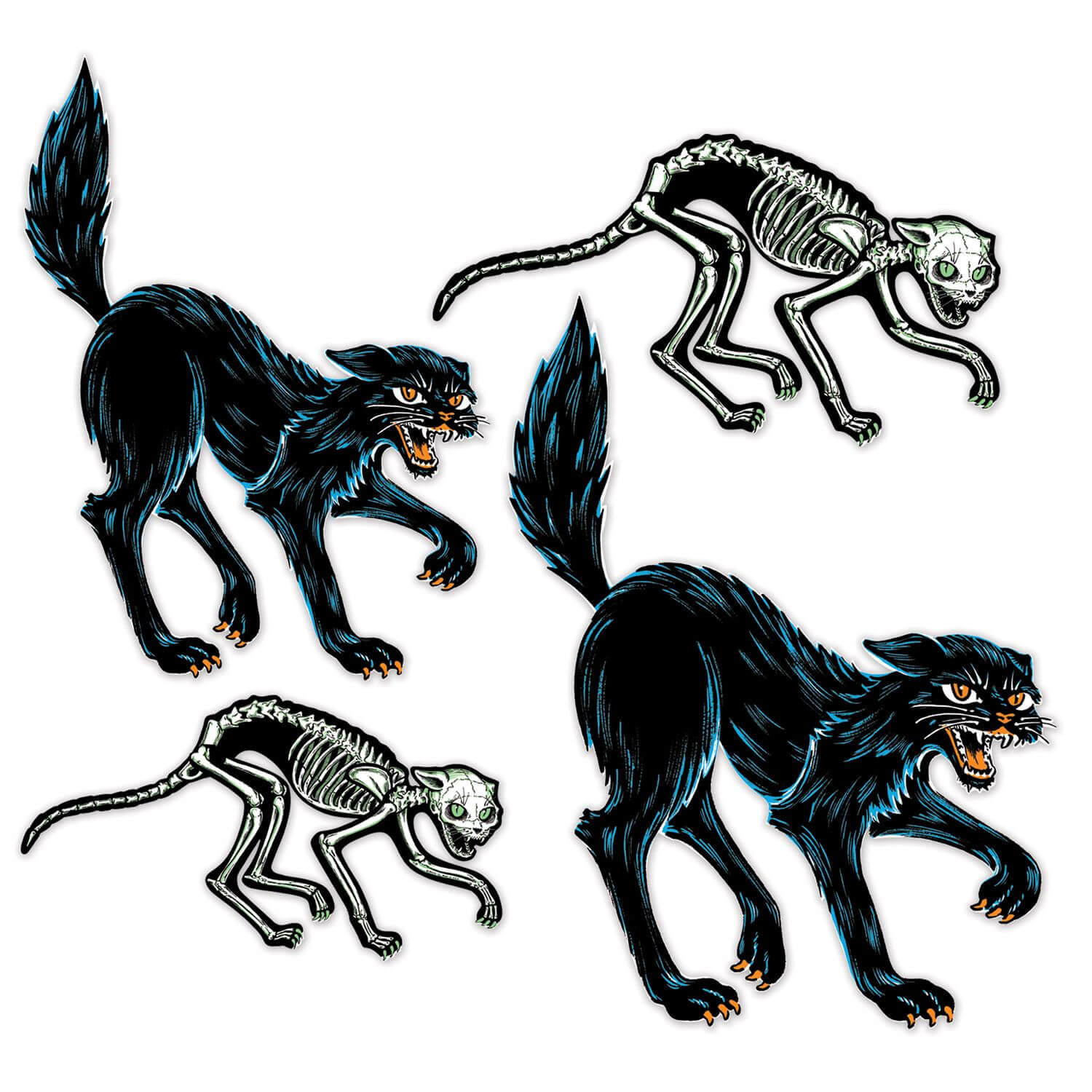 Vintage halloween jointed skeleton and black cats set with glossy finish featuring spooky skeleton and black cat designs