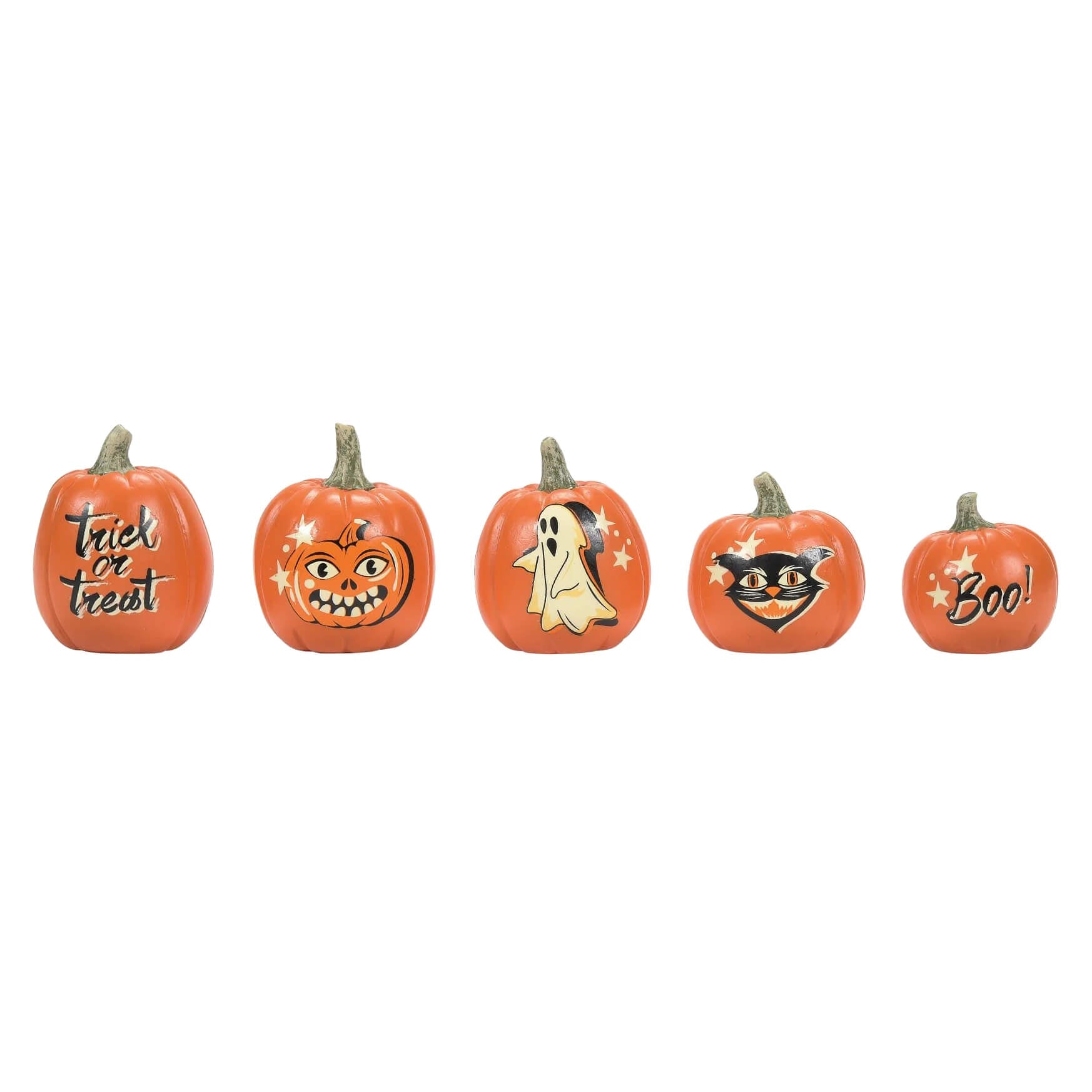 Set of five vintage halloween pumpkins in bright orange with unique painted designs halloween pumpkins set