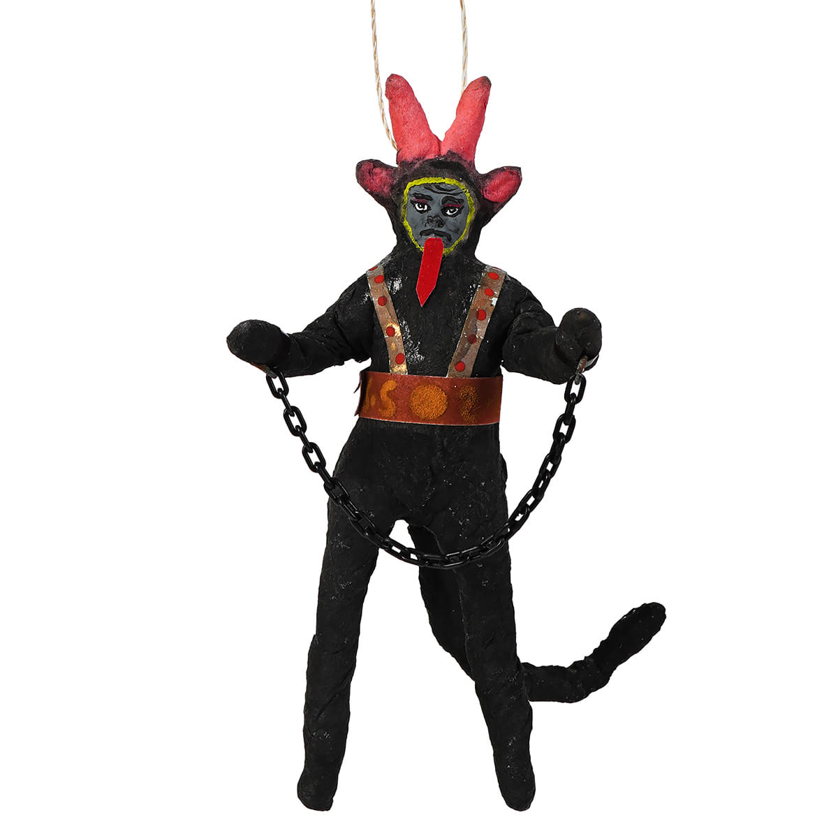 Vintage handcrafted cotton krampus ornament featuring a black devil with red horns and gold trim christmas ornament