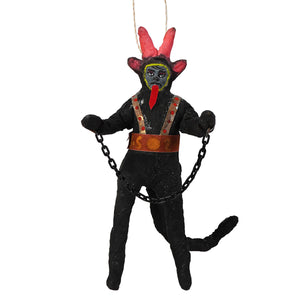 Vintage handcrafted cotton krampus ornament featuring a black devil with red horns and gold trim christmas ornament