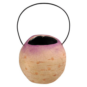 Vintage handcrafted paper mache turnip bucket with purple-to-beige gradient and black handle perfect for halloween buckets and lanterns