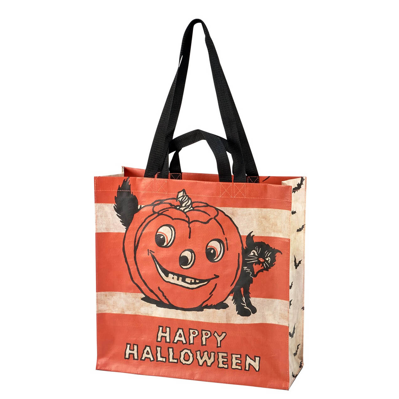 Vintage happy halloween market tote in black canvas featuring halloween totes perfect for treat daily totes use