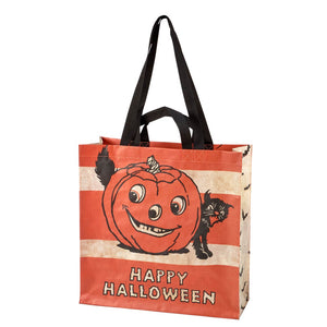Vintage happy halloween market tote in orange cream stripes with smiling pumpkin and black cat perfect for halloween totes