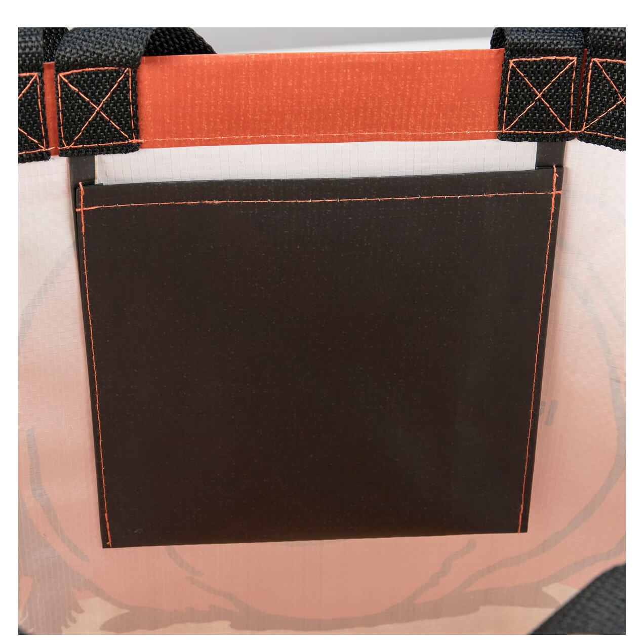 Black fabric pouch with orange stitching and black straps from vintage happy halloween market tote for halloween totes
