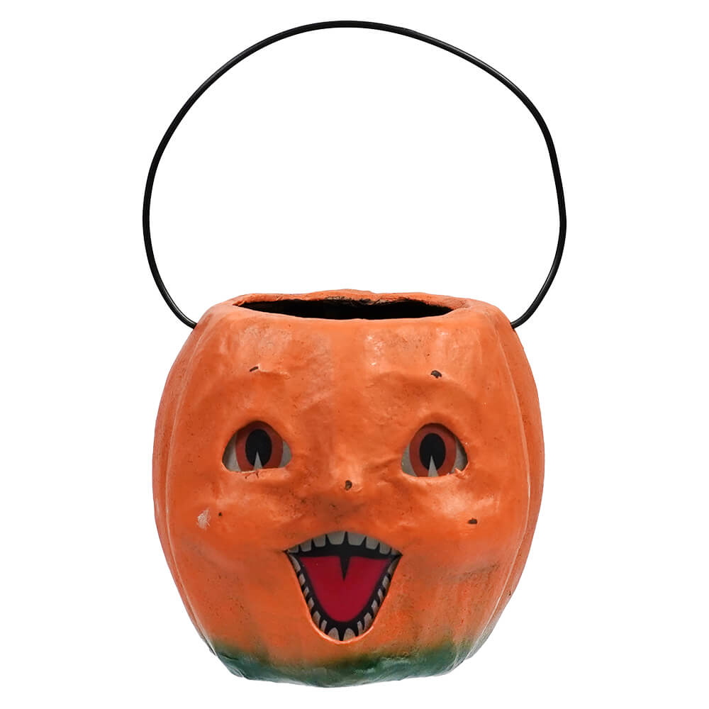 Orange vintage happy mini pumpkin bucket with black wire handle and painted face by bethany lowe