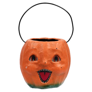 Orange vintage happy mini pumpkin bucket with black wire handle and painted face by bethany lowe