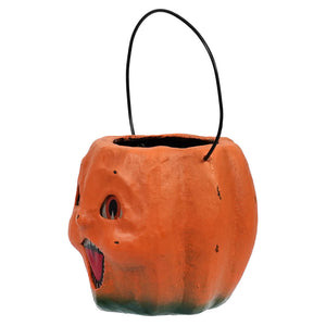 Orange bethany lowe vintage happy mini pumpkin bucket with carved face and black wire handle for halloween candy