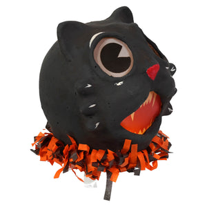 Vandolls folk art vintage howling black cat lantern piñata with orange and black paper fringe trim