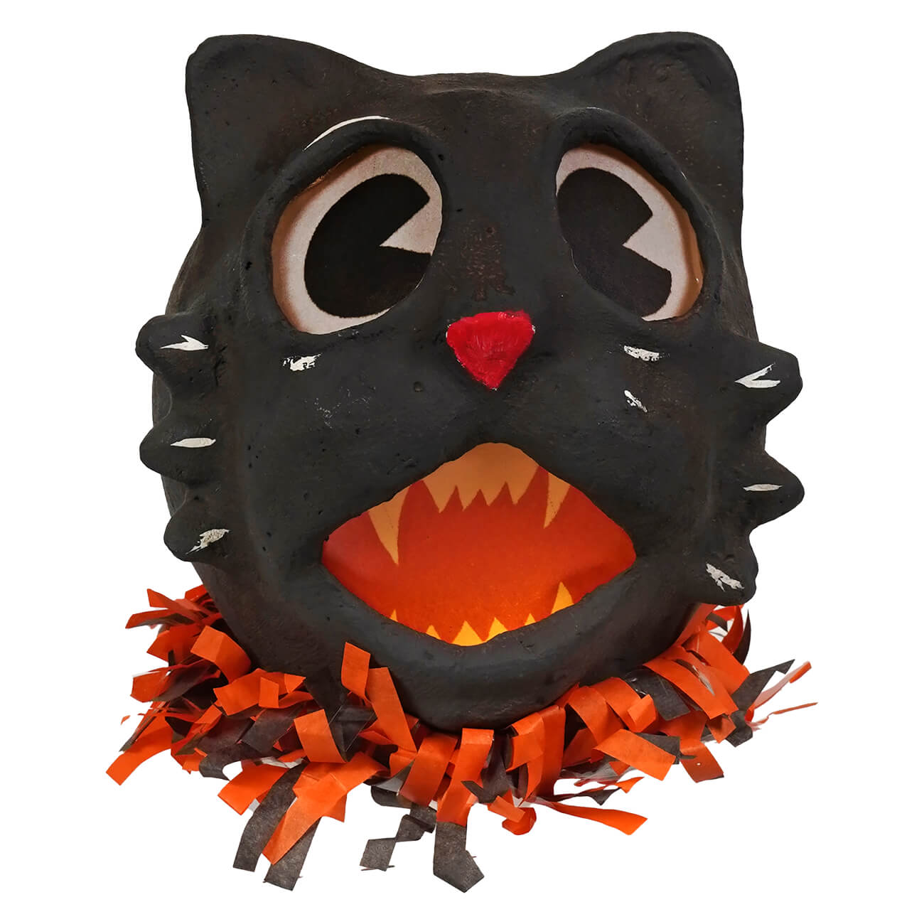 Vandolls folk art vintage howling black cat lantern with glowing orange interior and orange black paper fringe collar