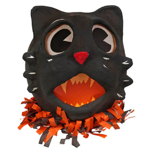 Vandolls folk art vintage howling black cat lantern with glowing orange interior and orange black paper fringe collar