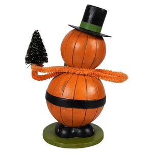 Vintage jolly pumpkinman orange pumpkin snowman figurine with black top hat and halloween pumpkins holding small black tree