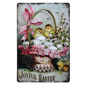 Vintage joyful easter rectangular metal sign with yellow chicks white eggs and pink flowers easter basket metal sign