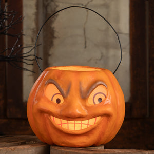 Vintage mad pumpkin bucket halloween bucket shaped like orange pumpkin with black wire handle and carved face