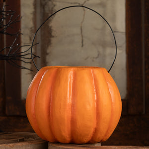 Vintage mad pumpkin bucket halloween bucket shaped like an orange pumpkin with black wire handle for halloween pumpkins and gourds