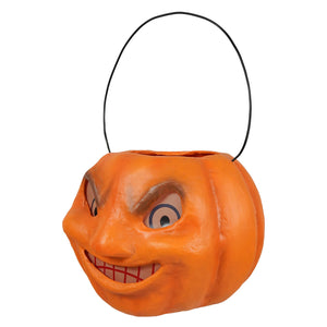 Vintage mad pumpkin bucket orange plastic halloween pumpkin with carved face and black wire handle for candy