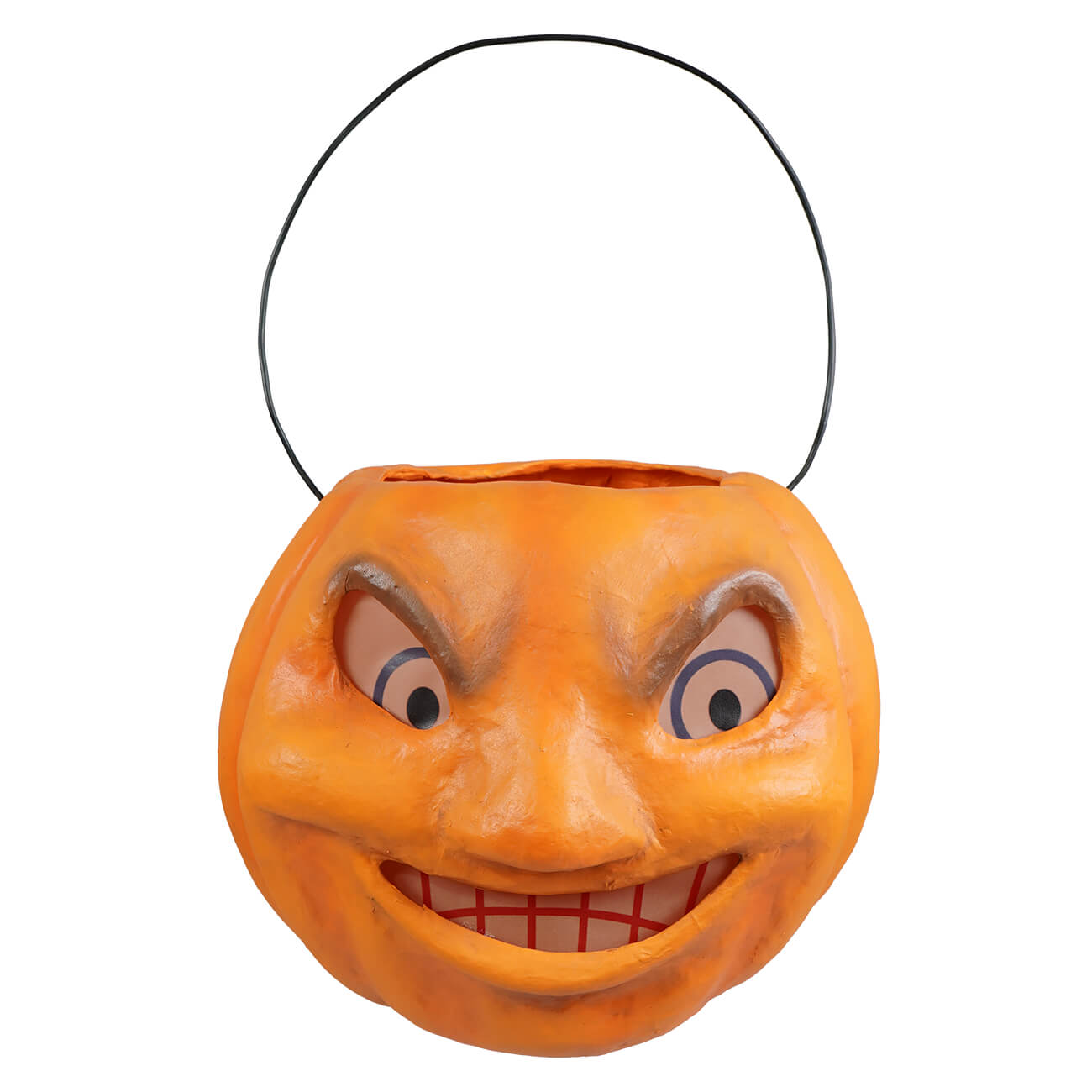 Vintage mad pumpkin bucket halloween bucket featuring orange pumpkin shape black wire handle and painted face