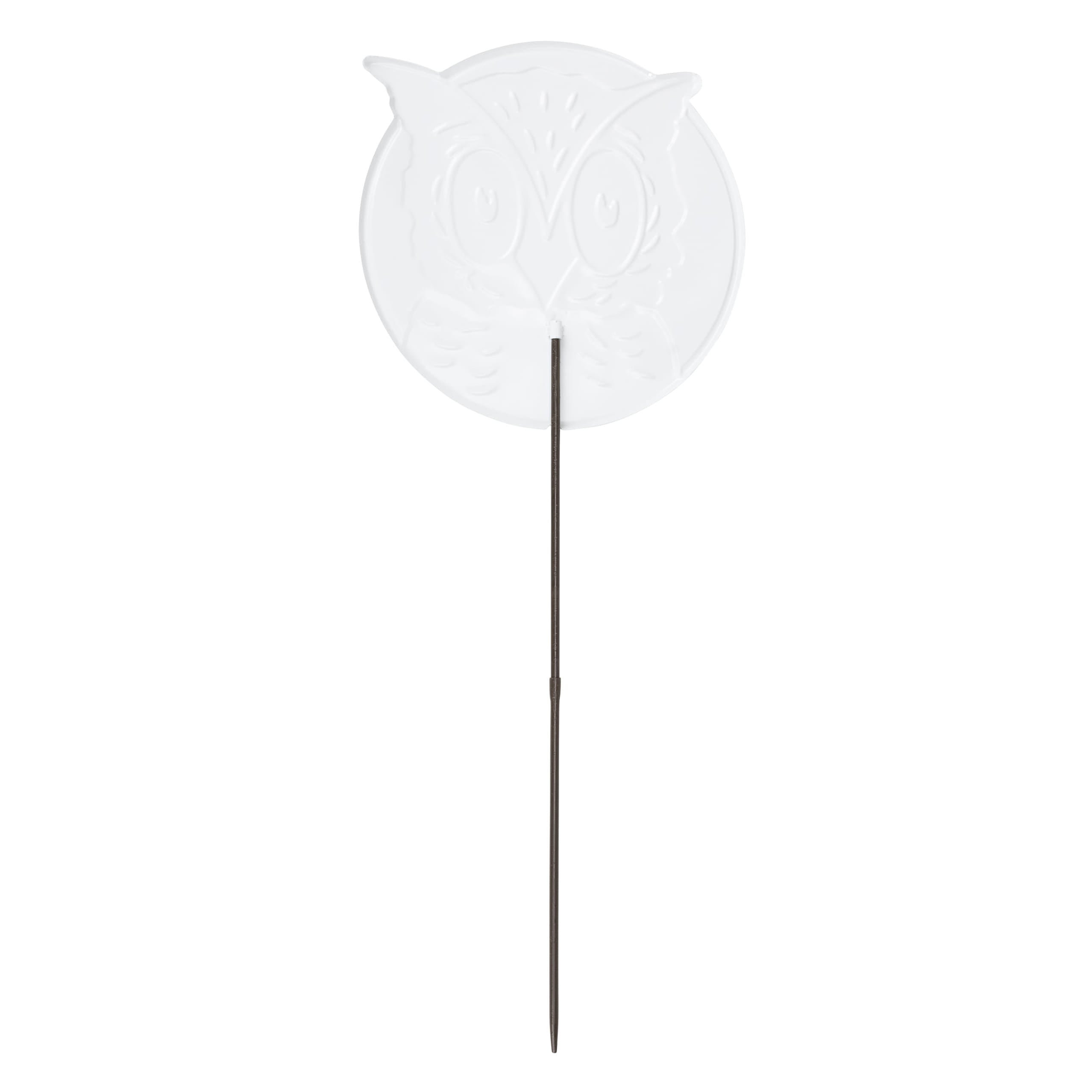 White owl garden pick with slender black metal stake perfect as a daisy garden pick or yellow center decor piece