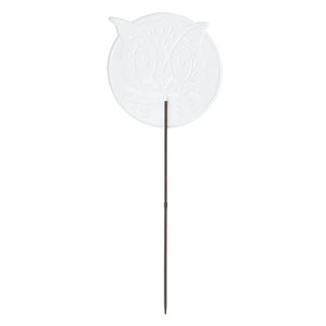 White owl garden pick with slender black metal stake perfect as a daisy garden pick or yellow center decor piece